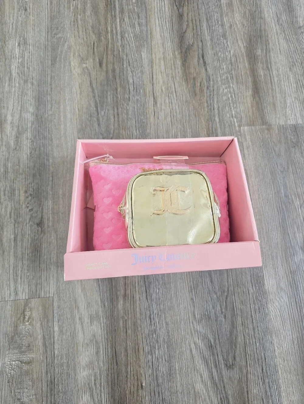 Juicy Couture Pink Heart Pattern Cosmetic Pouch with Gold Mini Case
